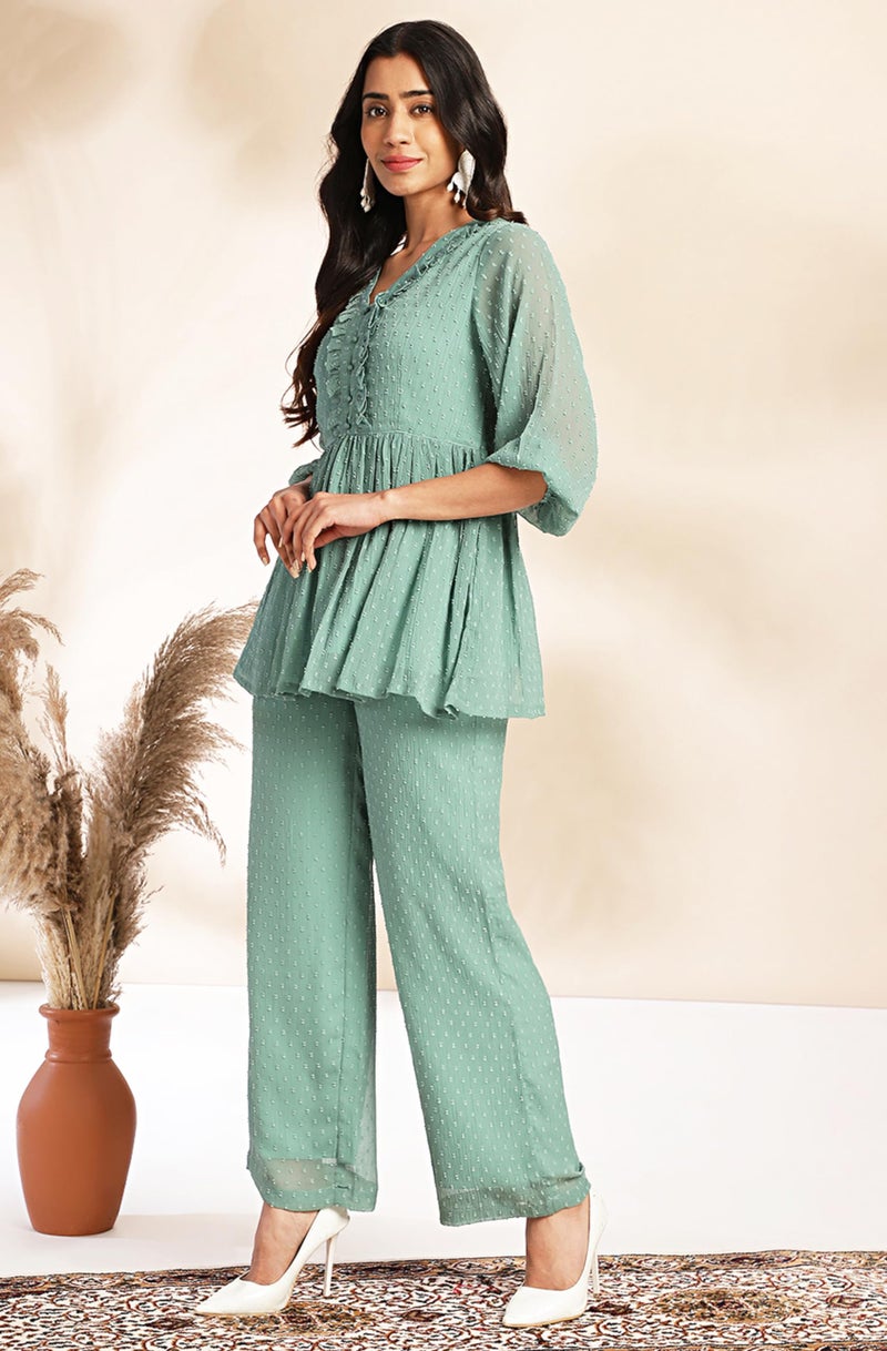 Janasya Women's Sage Dobby Chiffon Woven Design Peplum Co-ord Set (SET966-CO-ORD-J-XXL) - Image 3