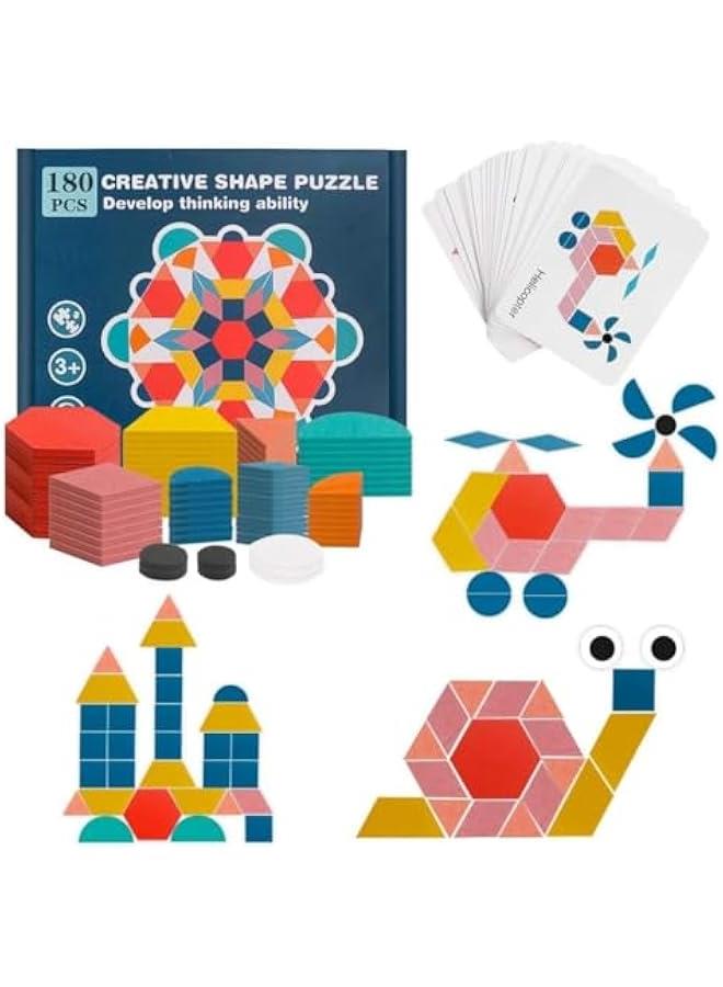HOOKOR 180 Pcs Wooden Tangrams Pattern Blocks Set Geometric Manipulative Shape Puzzle Kindergarten Classic Educational Montessori Toys for Kids Toddlers Ages 4-8 with 24 Pcs Flash Cards - Image 1
