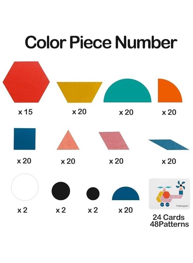 HOOKOR 180 Pcs Wooden Tangrams Pattern Blocks Set Geometric Manipulative Shape Puzzle Kindergarten Classic Educational Montessori Toys for Kids Toddlers Ages 4-8 with 24 Pcs Flash Cards - Image 2