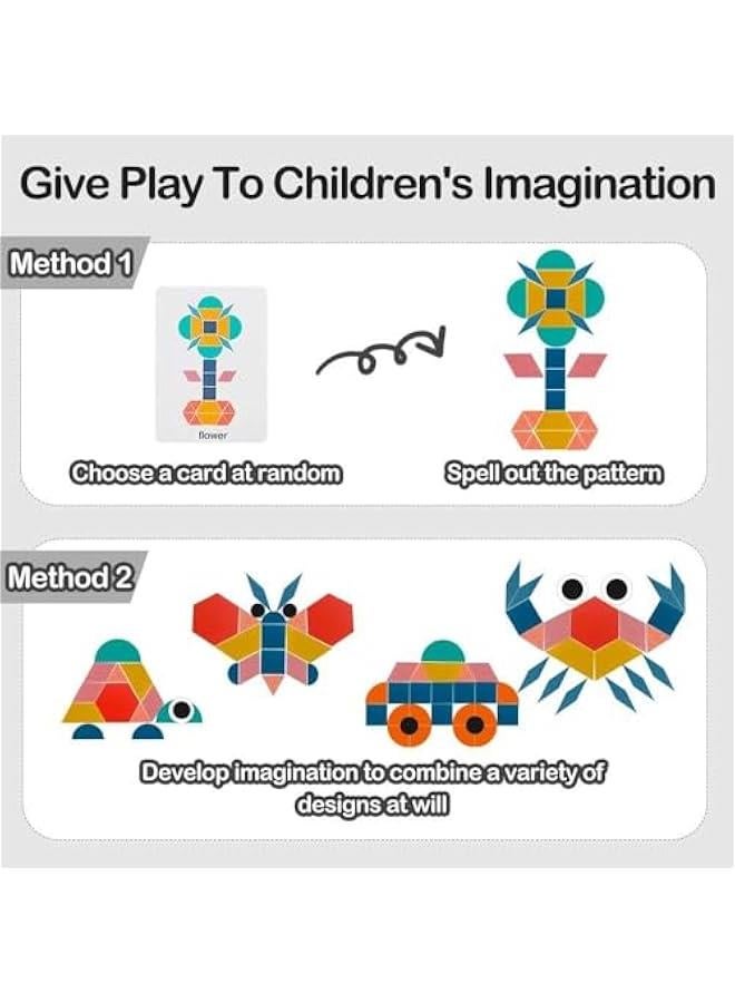 HOOKOR 180 Pcs Wooden Tangrams Pattern Blocks Set Geometric Manipulative Shape Puzzle Kindergarten Classic Educational Montessori Toys for Kids Toddlers Ages 4-8 with 24 Pcs Flash Cards - Image 5