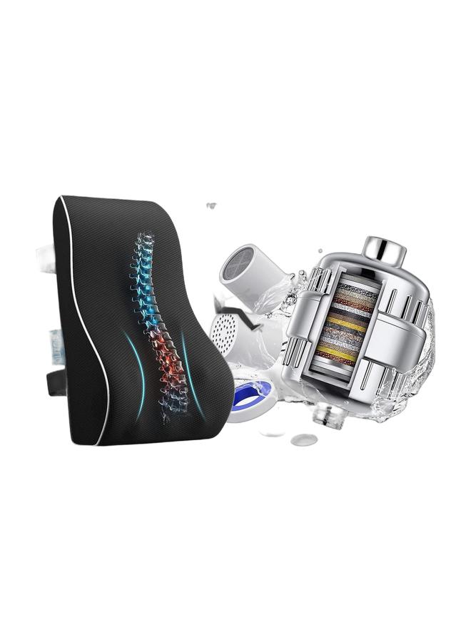 QUTOOL 2-in-1 Ergonomic Lumbar Support Pillow with High Pressure Shower Filter Bundle | Memory Foam Back Support Cushion for Office Chair Car Seat Gaming Chair | Multi-Layer Water Purifier Shower Head Filter - Image 1