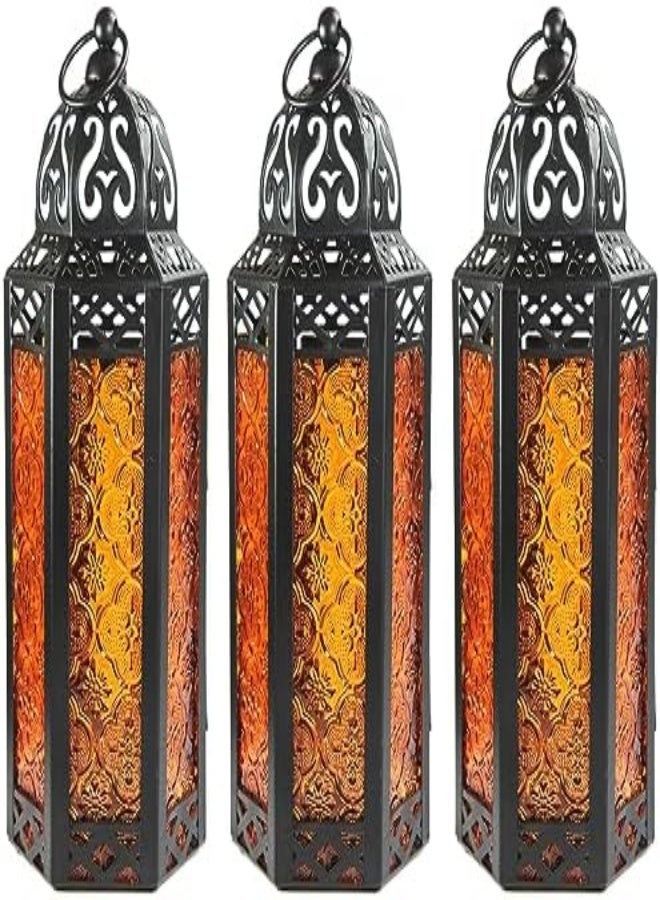AKDC Vela Lanterns 3Pk Decorative Moroccan Candle Lantern Holder For Decor, Amber Glass, Medium - Image 1