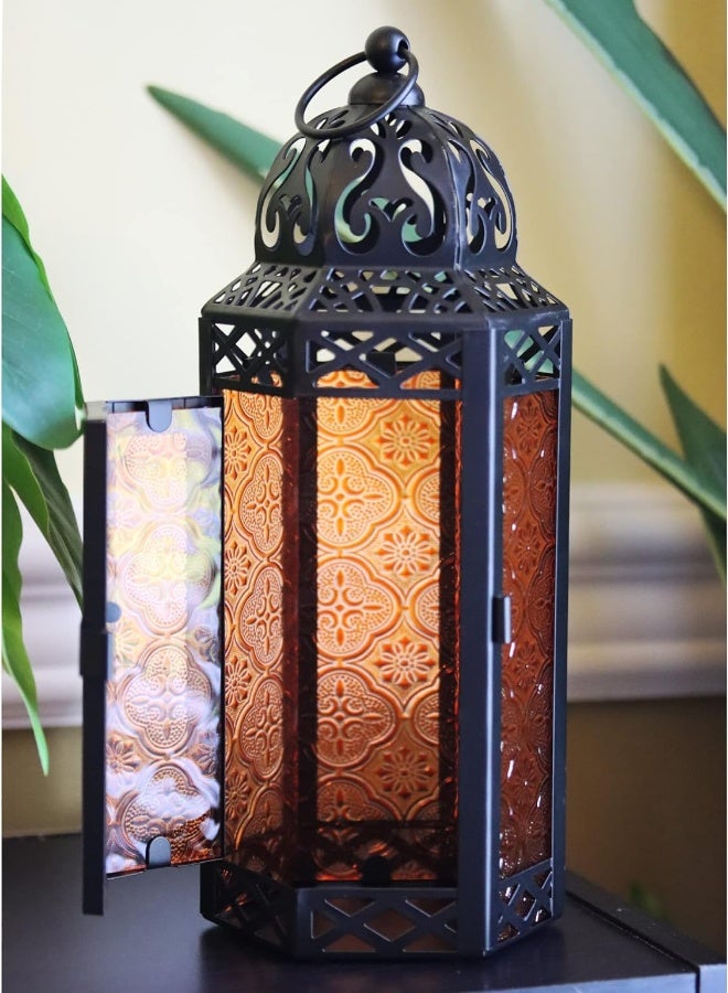 AKDC Vela Lanterns 3Pk Decorative Moroccan Candle Lantern Holder For Decor, Amber Glass, Medium - Image 5