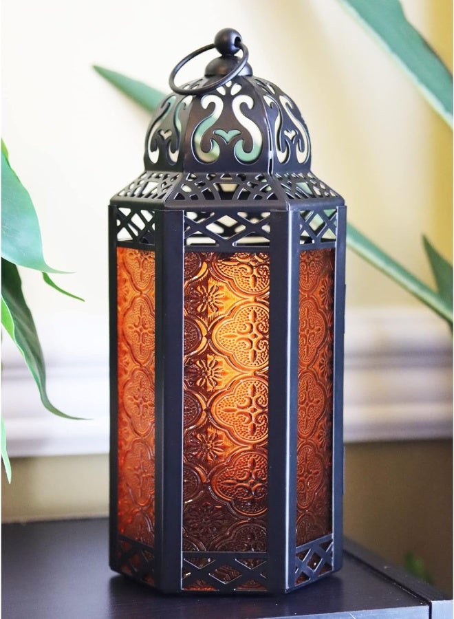 AKDC Vela Lanterns 3Pk Decorative Moroccan Candle Lantern Holder For Decor, Amber Glass, Medium - Image 4