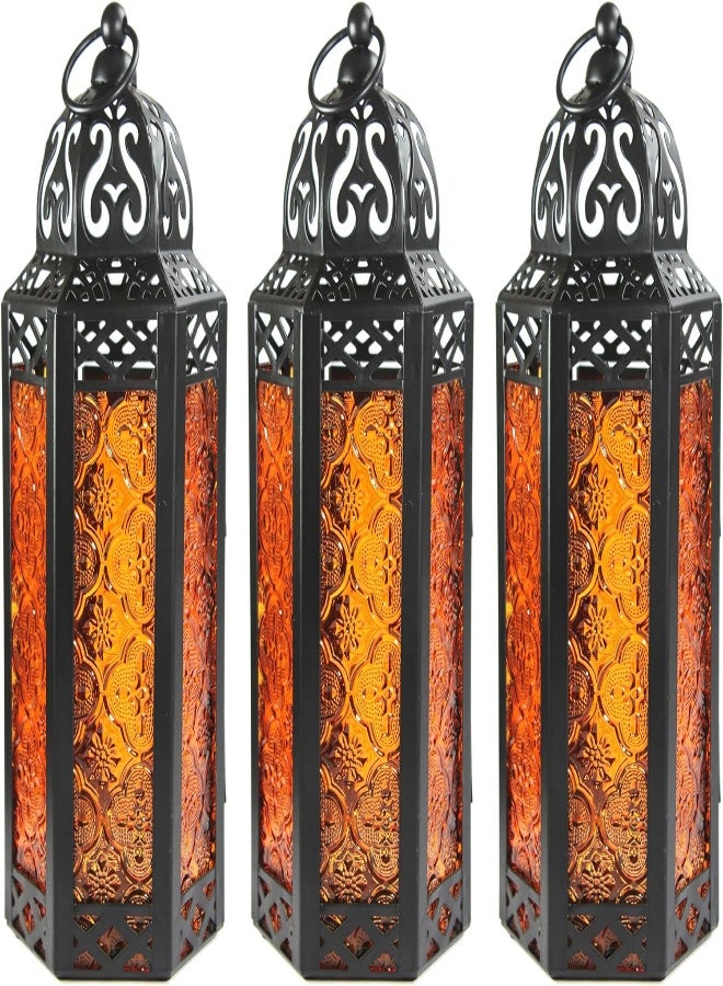 AKDC Vela Lanterns 3Pk Decorative Moroccan Candle Lantern Holder For Decor, Amber Glass, Medium - Image 2