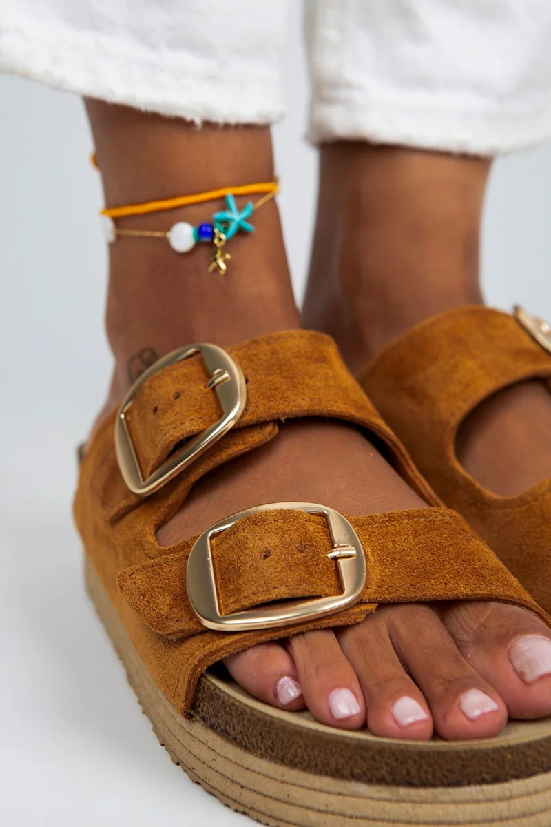 مانجيرو شبشب مانييرو سيلينا النسائي من الجلد الطبيعي، بإبزيم مزدوج، لون بني فاتح - ذهبي