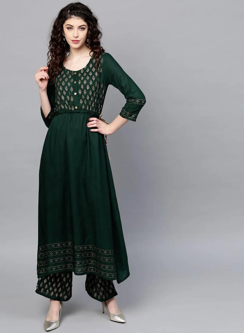 ISHIN  Regular Fit Three-Quarter Sleeve Floral Printed Green Cotton Woven Palazzo Kurta Set For Women Flat Collar Perfect For Wedding And Engagement Pull On Closure for Women | Best Price UAE