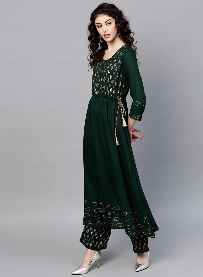 ISHIN  Regular Fit Three-Quarter Sleeve Floral Printed Green Cotton Woven Palazzo Kurta Set For Women Flat Collar Perfect For Wedding And Engagement Pull On Closure for Women | Best Price UAE