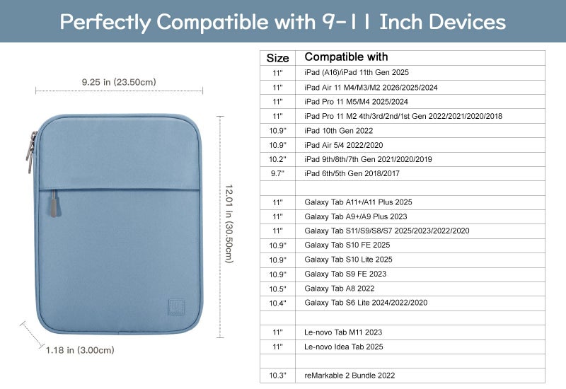 Dadanism 9-11 Inch Tablet Sleeve Padded Carrying Case for iPad (A16) 11th Gen 11", iPad 10th Gen 10.9", iPad Air M4/Pro M5 11", iPad Air 5/4, iPad 9/8/7th Gen, Galaxy Tab A11+ Plus 11", Blue - Image 2