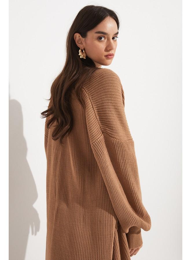 June Balloon Sleeve Long Knitwear Cardigan Tan - Image 4