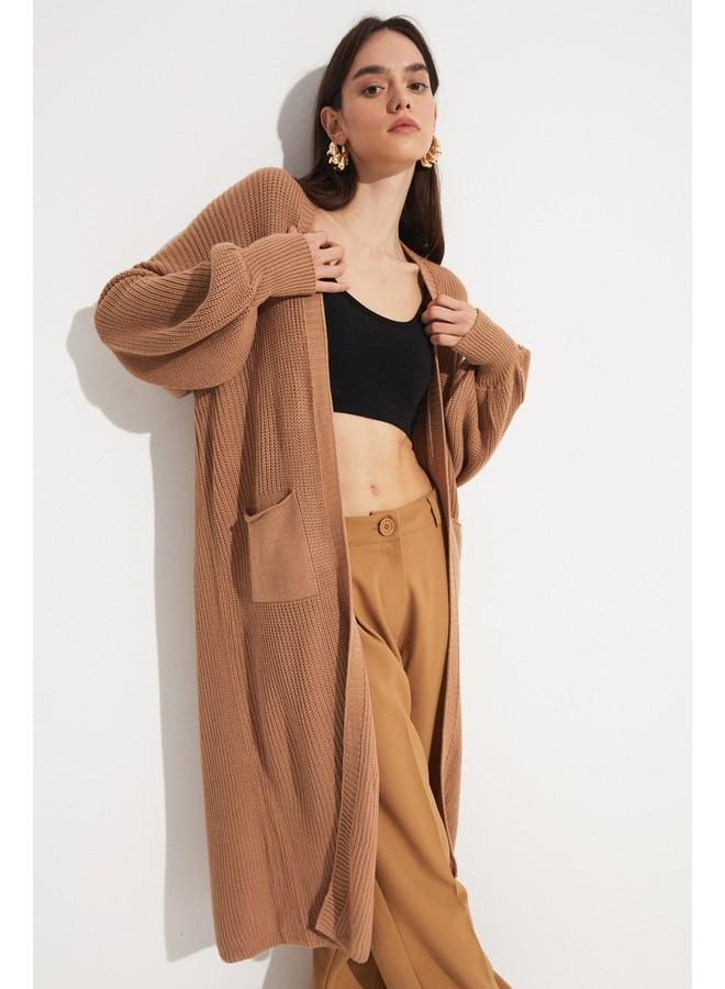 June Balloon Sleeve Long Knitwear Cardigan Tan - Image 5