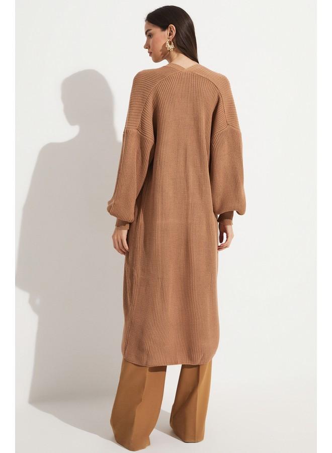 June Balloon Sleeve Long Knitwear Cardigan Tan - Image 2
