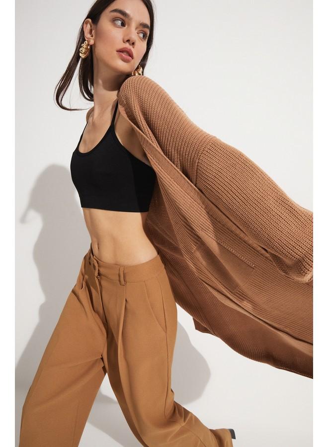 June Balloon Sleeve Long Knitwear Cardigan Tan - Image 1