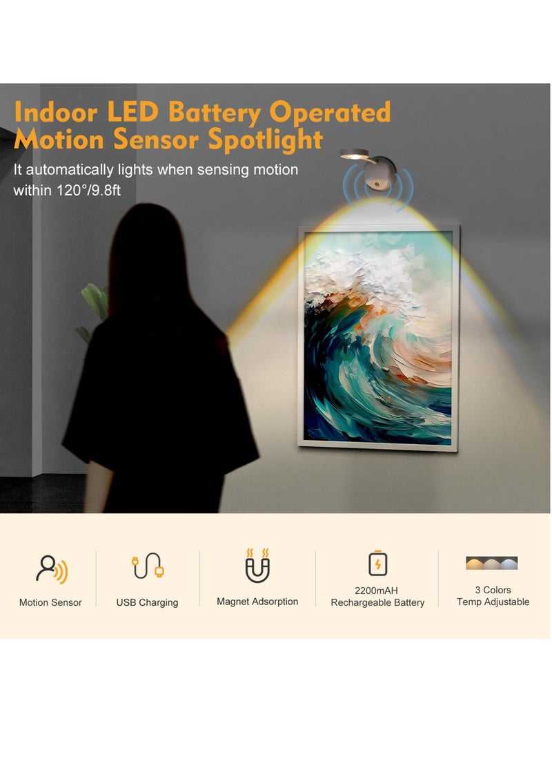 XiuWoo LED Motion Sensor Picture Light Battery Operated Rechargeable Wall Sconce Dimmable 3 Color Temperature 360°Rotation Wireless Spotlight for Wall Staircase Hallway Bedroom Cabinet  - Image 2