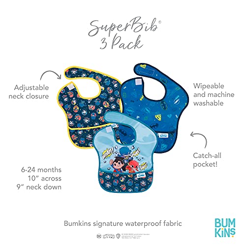 Bumkins Bibs for Girl or Boy, SuperBib Baby and Toddler 6-24 Months, Essential Must Have for Eating, Feeding, Baby Led Weaning Supplies, Mess Saving Catch Food, Fabric, 3-pk DC Comics Super Friends - Image 5