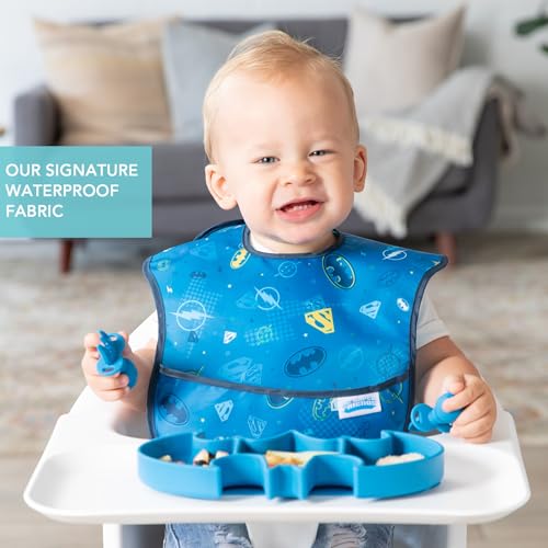 Bumkins Bibs for Girl or Boy, SuperBib Baby and Toddler 6-24 Months, Essential Must Have for Eating, Feeding, Baby Led Weaning Supplies, Mess Saving Catch Food, Fabric, 3-pk DC Comics Super Friends - Image 3