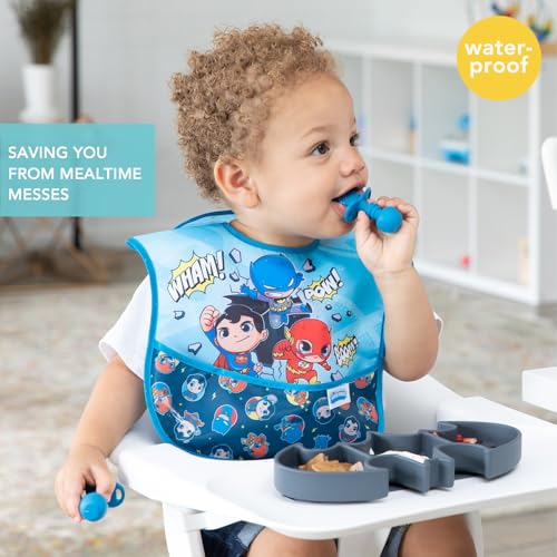 Bumkins Bibs for Girl or Boy, SuperBib Baby and Toddler 6-24 Months, Essential Must Have for Eating, Feeding, Baby Led Weaning Supplies, Mess Saving Catch Food, Fabric, 3-pk DC Comics Super Friends - Image 2