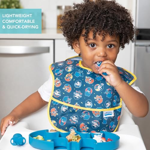 Bumkins Bibs for Girl or Boy, SuperBib Baby and Toddler 6-24 Months, Essential Must Have for Eating, Feeding, Baby Led Weaning Supplies, Mess Saving Catch Food, Fabric, 3-pk DC Comics Super Friends - Image 4