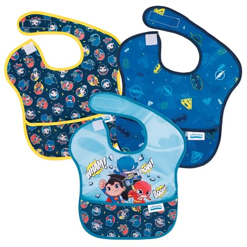Bumkins Bibs for Girl or Boy, SuperBib Baby and Toddler 6-24 Months, Essential Must Have for Eating, Feeding, Baby Led Weaning Supplies, Mess Saving Catch Food, Fabric, 3-pk DC Comics Super Friends - Image 1