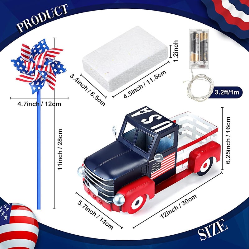 Canlierr Patriotic Vintage Pickup Truck Decor Independence Day Flowerpot Car with Windmill Flowers String Lights Memorial Day Metal Farmhouse Truck 4th of July Decorations Veteran Gifts - Image 3