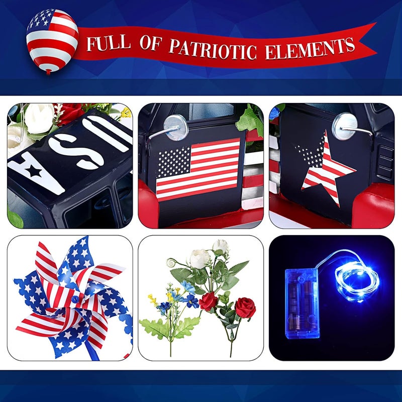 Canlierr Patriotic Vintage Pickup Truck Decor Independence Day Flowerpot Car with Windmill Flowers String Lights Memorial Day Metal Farmhouse Truck 4th of July Decorations Veteran Gifts - Image 4