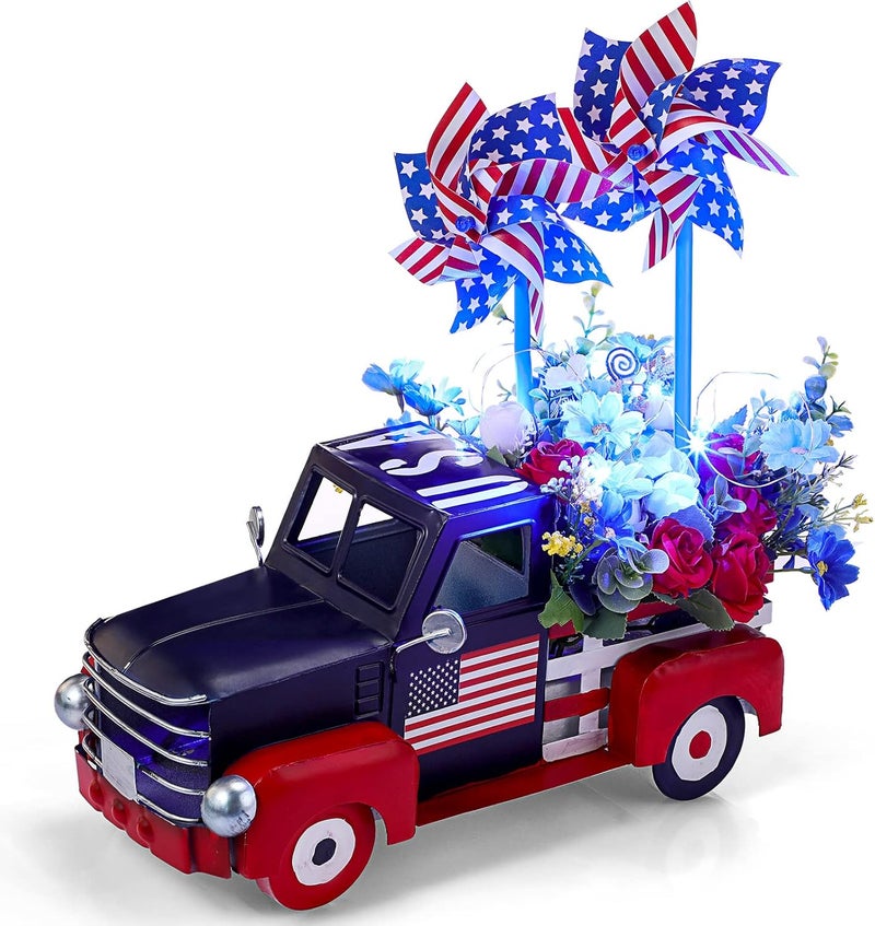 Canlierr Patriotic Vintage Pickup Truck Decor Independence Day Flowerpot Car with Windmill Flowers String Lights Memorial Day Metal Farmhouse Truck 4th of July Decorations Veteran Gifts - Image 1