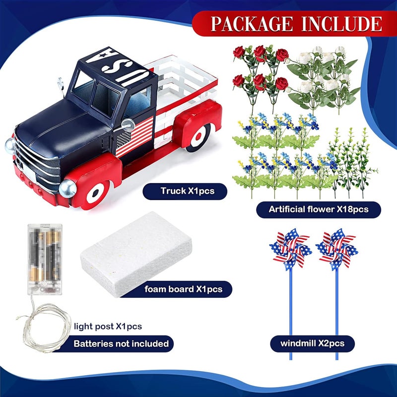 Canlierr Patriotic Vintage Pickup Truck Decor Independence Day Flowerpot Car with Windmill Flowers String Lights Memorial Day Metal Farmhouse Truck 4th of July Decorations Veteran Gifts - Image 2