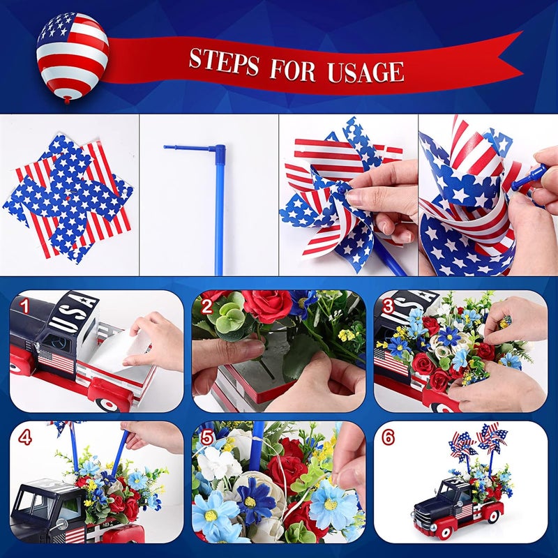 Canlierr Patriotic Vintage Pickup Truck Decor Independence Day Flowerpot Car with Windmill Flowers String Lights Memorial Day Metal Farmhouse Truck 4th of July Decorations Veteran Gifts - Image 5