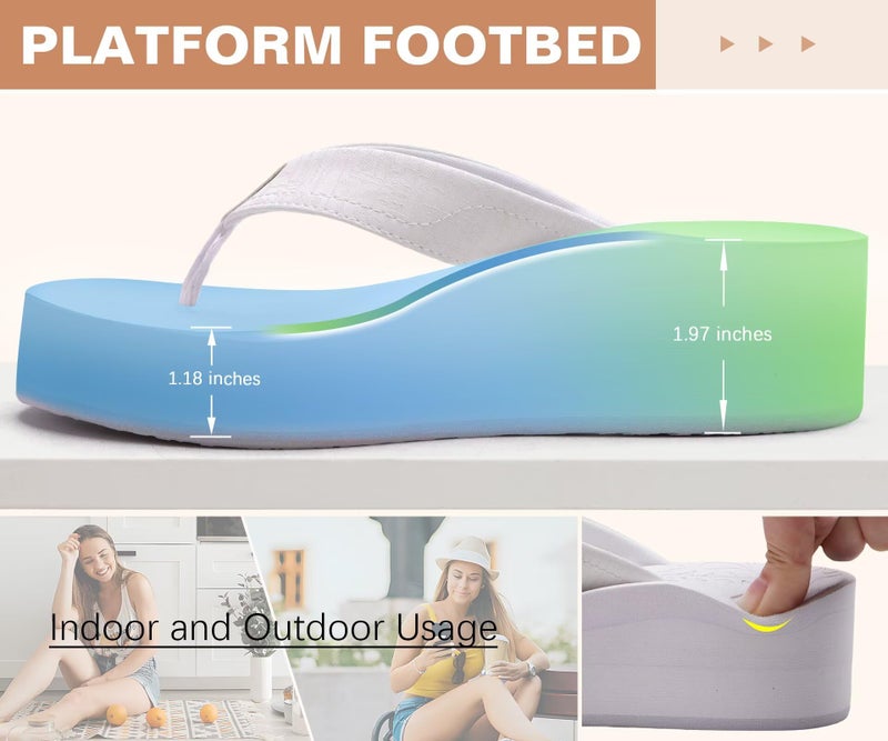 ONCAI Women's Platform Wedge Flip Flops Sandals Size 7 Trendy Dressy Summer Beach Vacation Pool White Thong Chunky Sandalias Comfy Cute Thick Waterproof Arch Support Rubber Foam Soles - Image 5