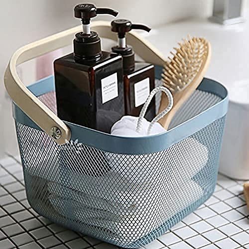 BLURISM Metal Mesh Steel Basket Storage Organizer Basket Multifunctional Hanging Kitchen Baskets Fruit Basket Bin with Bamboo Handle for Kitchen Bathroom Picnic Shopping Decor Cabinet Home Blue - Image 4