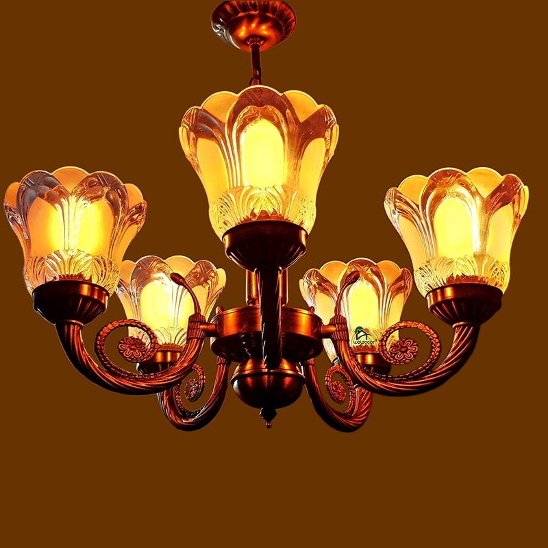 Weldecor 5 Lamp Gold Plated Brass and Glass Antique Chandelier, Jhoomer, for Living Room, Dining Area, Hall, Office, Banquet Hall - Image 5