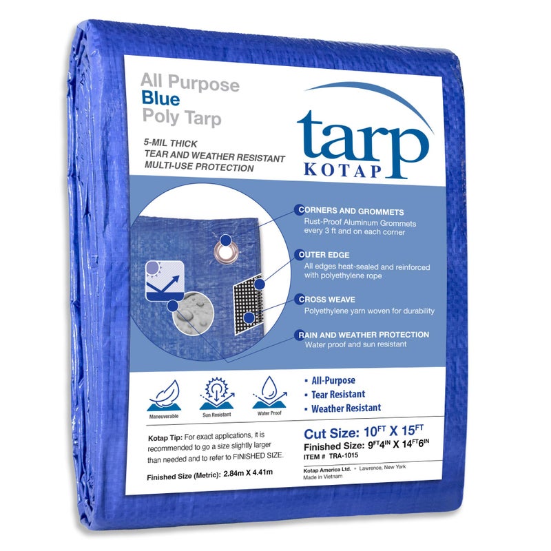 Kotap 10 x 15 Ft AllPurpose MultiUse ProtectionCoverage 5mil Poly Tarp Waterproof Blue TRA1015