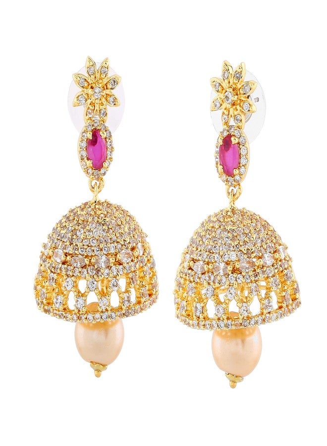 استيل أقراط جومكا بتصميم جاليوالا مطلية بالذهب من إستيل، مرصعة بالزركونيا المكعبة واللؤلؤ والكريستال، للنساء - Image 4