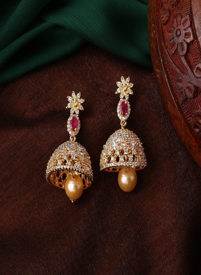 استيل أقراط جومكا بتصميم جاليوالا مطلية بالذهب من إستيل، مرصعة بالزركونيا المكعبة واللؤلؤ والكريستال، للنساء - Image 3