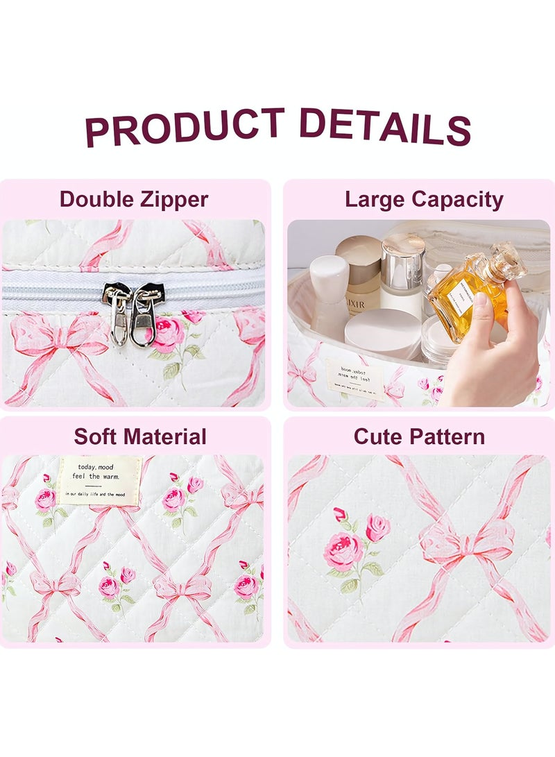 Cosmetic Bag, 3-Piece Makeup Bag Set, Cotton Quilted Shower Bag, Large Floral Travel Toiletry Bag for Women, Lovely Aesthetic Floral Wash Bag for Women Girls (Pink Bows) - Image 3