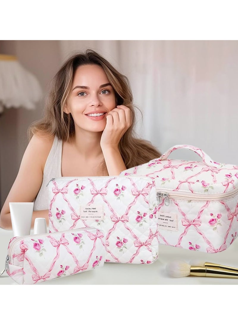 Cosmetic Bag, 3-Piece Makeup Bag Set, Cotton Quilted Shower Bag, Large Floral Travel Toiletry Bag for Women, Lovely Aesthetic Floral Wash Bag for Women Girls (Pink Bows) - Image 1