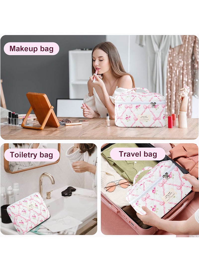 Cosmetic Bag, 3-Piece Makeup Bag Set, Cotton Quilted Shower Bag, Large Floral Travel Toiletry Bag for Women, Lovely Aesthetic Floral Wash Bag for Women Girls (Pink Bows) - Image 4