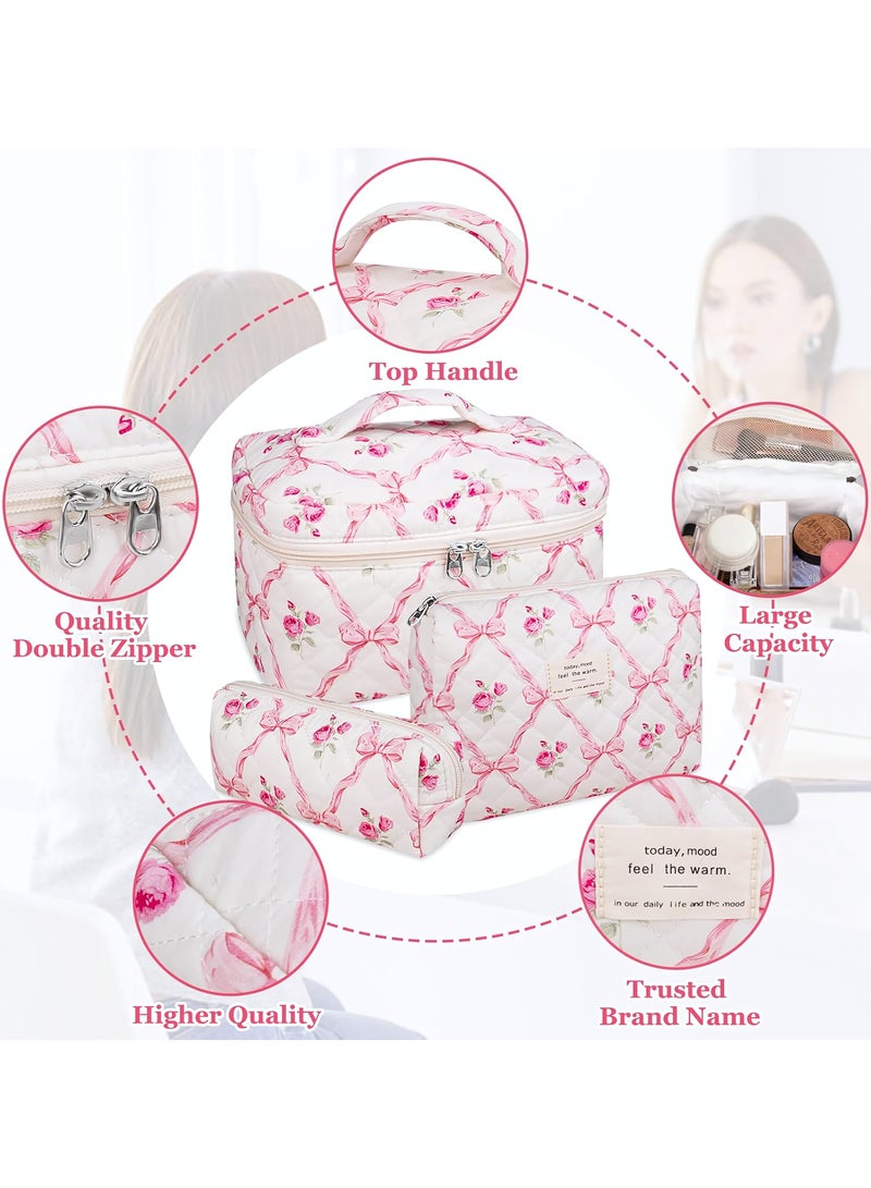 Cosmetic Bag, 3-Piece Makeup Bag Set, Cotton Quilted Shower Bag, Large Floral Travel Toiletry Bag for Women, Lovely Aesthetic Floral Wash Bag for Women Girls (Pink Bows) - Image 2