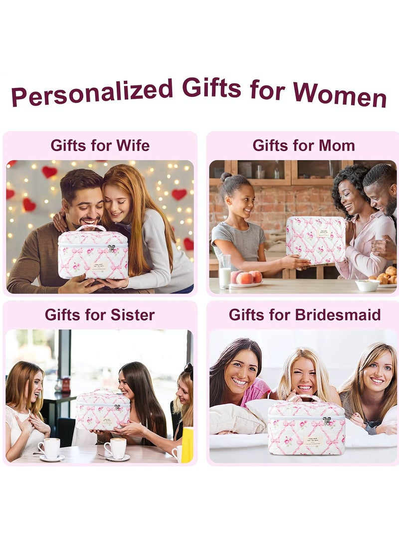 Cosmetic Bag, 3-Piece Makeup Bag Set, Cotton Quilted Shower Bag, Large Floral Travel Toiletry Bag for Women, Lovely Aesthetic Floral Wash Bag for Women Girls (Pink Bows) - Image 5