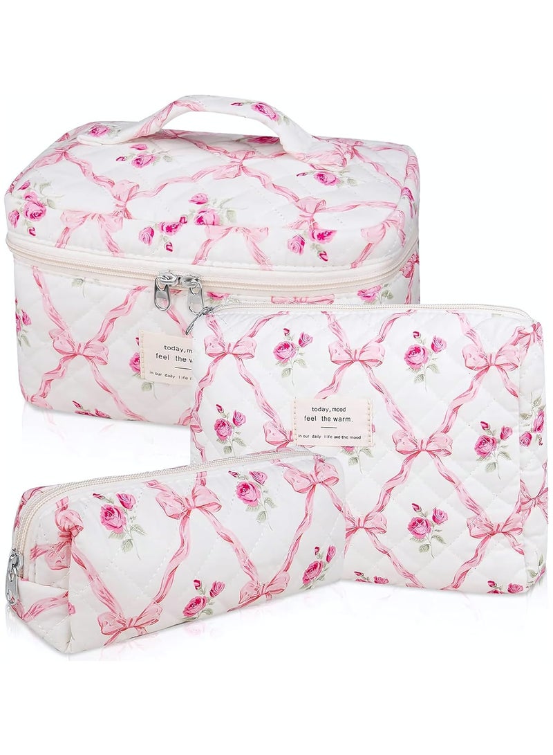 Cosmetic Bags, 3-Piece Cotton Quilted Makeup Bag Set, Large Floral Travel Toiletry Bag for Women, Aesthetic Toiletry Bags for Women Girls, Make Up Bag for Travel and Bathroom (Pink Bows) - Image 1