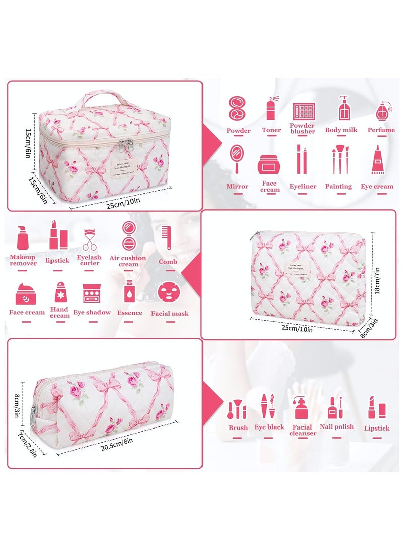 Cosmetic Bags, 3-Piece Cotton Quilted Makeup Bag Set, Large Floral Travel Toiletry Bag for Women, Aesthetic Toiletry Bags for Women Girls, Make Up Bag for Travel and Bathroom (Pink Bows) - Image 2