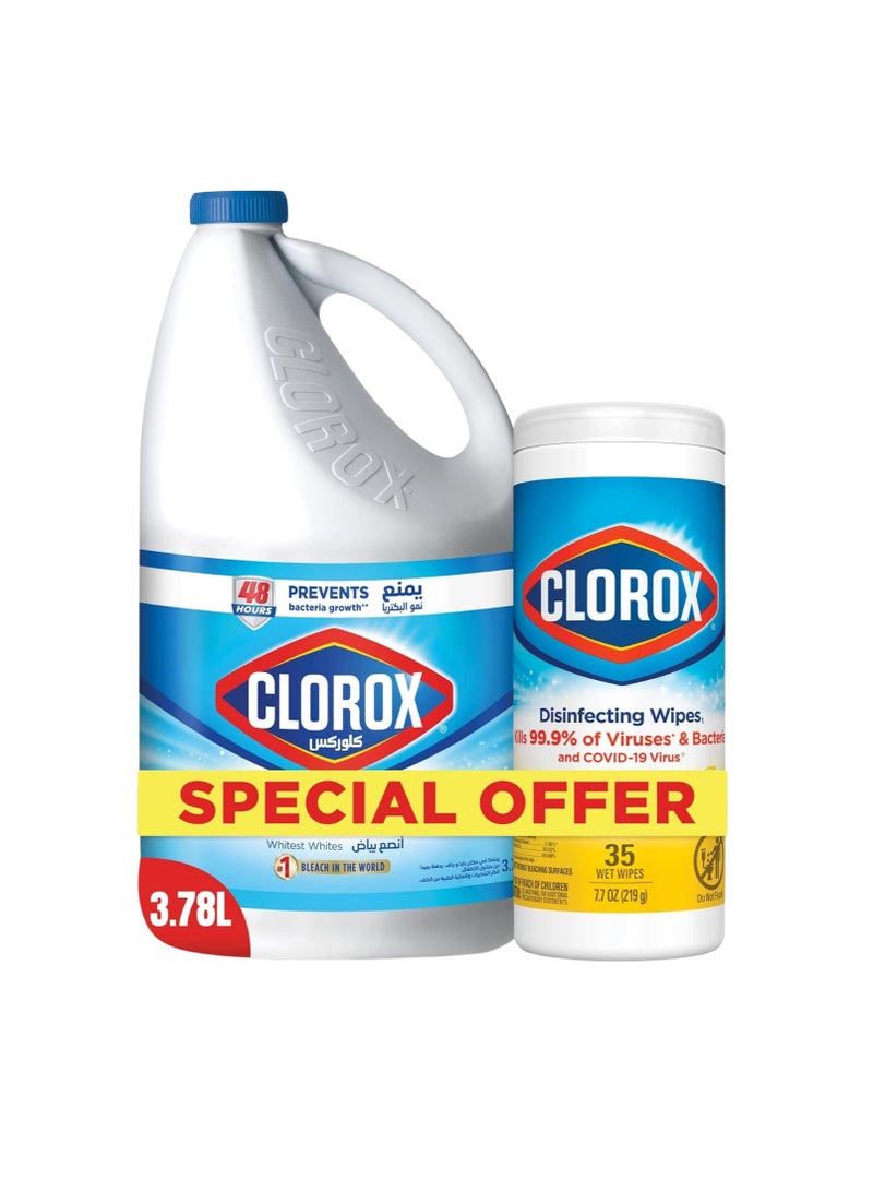 Clorox Bleach Liquid Original Scent And  Disinfecting Wipes Crisp Lemon 3.78L + 35 Wipes  - Image 1