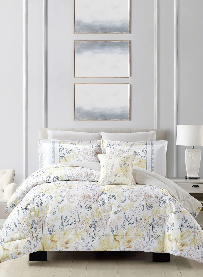 Donetella Bedding Comforter Set, King Size 240x260 cm - 6-Pcs Digital Print Quilted Bed Set, Microfiber Fabric - 1 Comforter, 1 Fitted Sheet, 2 Pillow Shams, 2 Pillowcases.