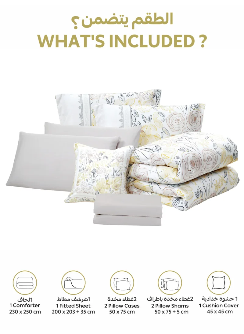 Donetella Bedding Comforter Set, King Size 240x260 cm - 6-Pcs Digital Print Quilted Bed Set, Microfiber Fabric - 1 Comforter, 1 Fitted Sheet, 2 Pillow Shams, 2 Pillowcases.