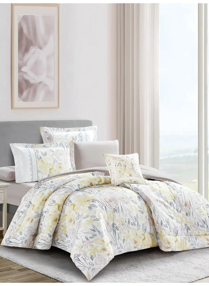 Donetella Bedding Comforter Set, King Size 240x260 cm - 6-Pcs Digital Print Quilted Bed Set, Microfiber Fabric - 1 Comforter, 1 Fitted Sheet, 2 Pillow Shams, 2 Pillowcases.