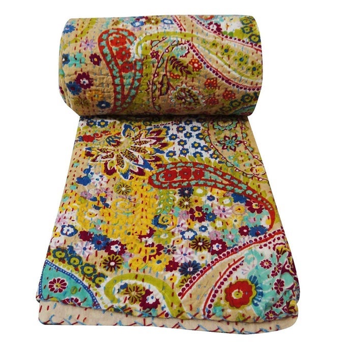 CREATIONS CREATIONS TRADITIONAL ETHNIC KANTHA INDIAN BEDDING EMERALD COTTON TROPICAL FRUIT HAND STITCHED BEDDING BED COVER BY CREATIONS CREATIONS90X108 INCH
