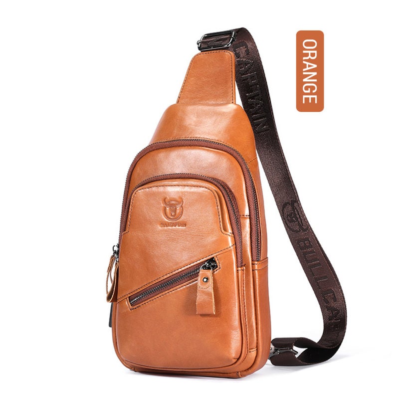 BULLCAPTAIN Leather Sling Bag: Orange Genuine Leather - Multi-pocket Design With External Usb Charging Port Leather Chest Bag For Daily Commute Outdoor Activities Casual Use - Image 3