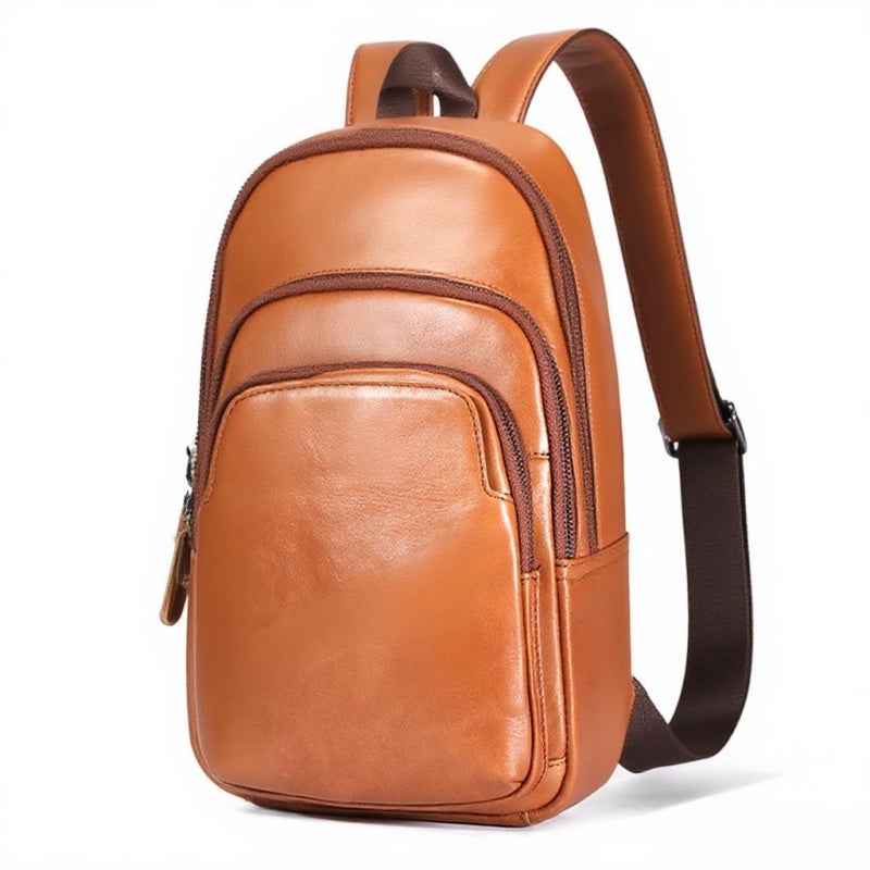 BULLCAPTAIN Leather Sling Bag: Orange Genuine Leather - Multi-pocket Design With External Usb Charging Port Leather Chest Bag For Daily Commute Outdoor Activities Casual Use - Image 1