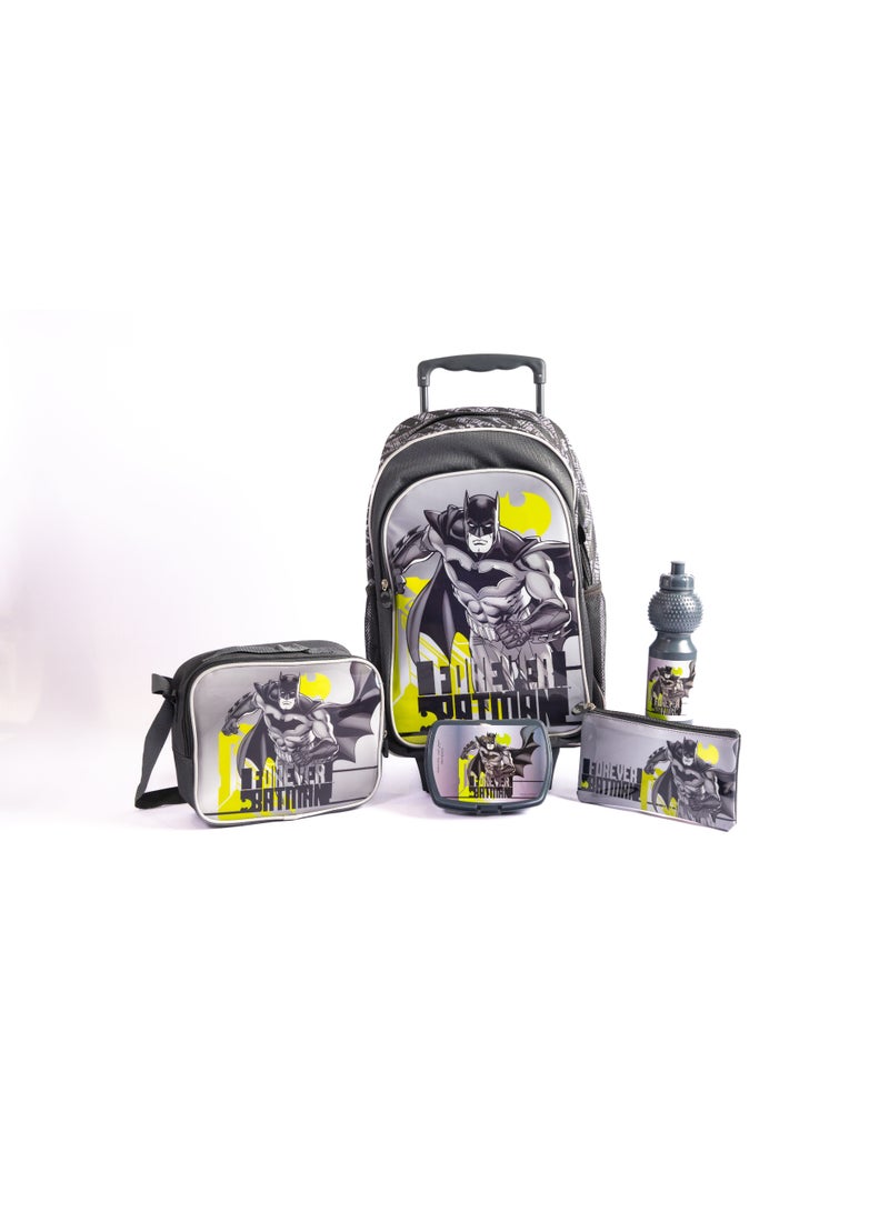 باتمان مجموعة عربة مدرسية 5 في 1 مقاس 18 بوصة باتمان مع حقيبة غداء ومقلمة وزجاجة مياه وصندوق غداء – رمادي داكن - Image 1