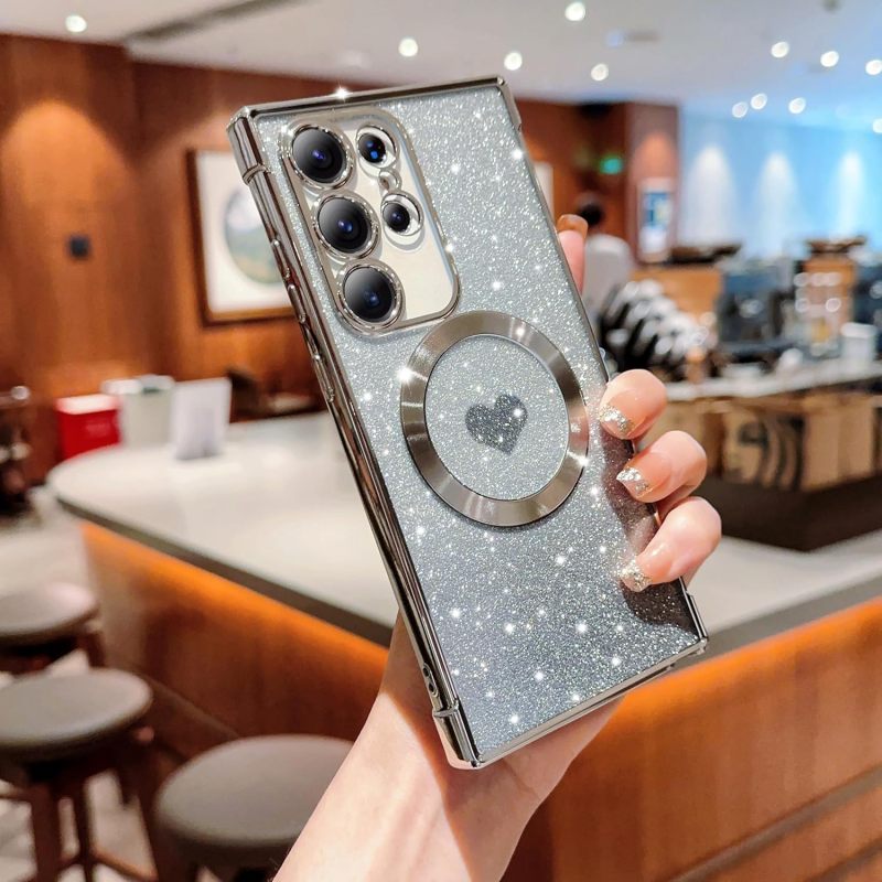 Galaxy S25 Ultra Case: Silver TPU Material - Strong Magnetic Compatibility Glitter Gradient Heart Design Full Camera Protection for Samsung Galaxy S25 Ultra Users - Image 3